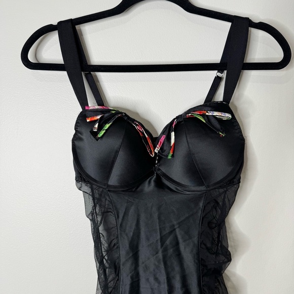 Victoria’s Secret Black & Floral Bow Lace Bustier Push Up Teddy Slip 36C - Picture 2 of 12